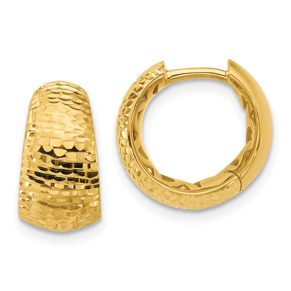14K Yellow Gold Polished And Diamond Cut Huggie Hoop Earrings