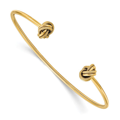 14K Yellow Gold Polished And Textured Love Knot Flexible Cuff Bangle