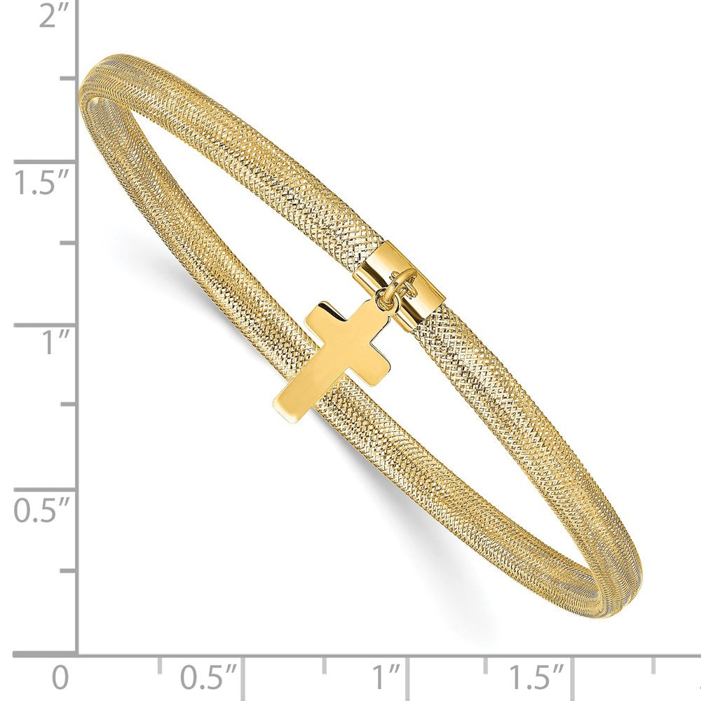 14K Yellow Gold Polished Cross Charm Stretch Bangle