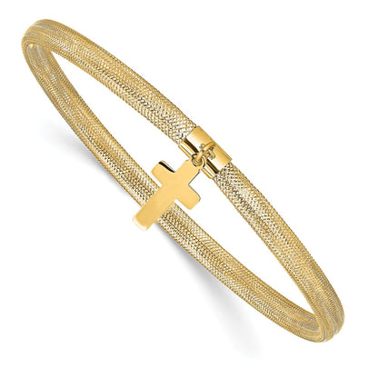 14K Yellow Gold Polished Cross Charm Stretch Bangle