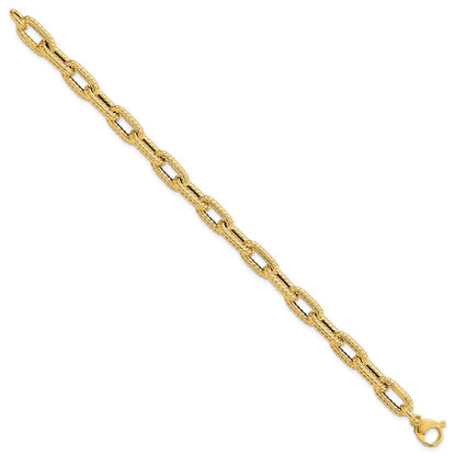 14K Yellow Gold Textured Hollow Fancy Link Bracelet
