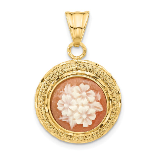 14K Yellow Gold Diamond Cut Natural Shell Floral Cameo Pendant