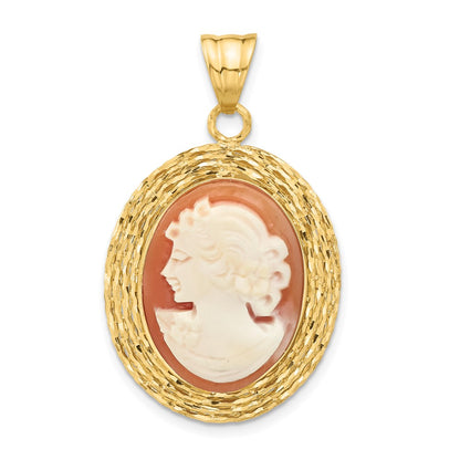 14K Yellow Gold Diamond Cut Natural Shell Portrait Cameo Pendant