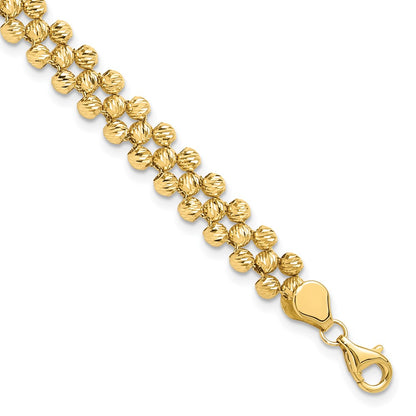 14K Yellow Gold Polished And Diamond Cut Fancy Beaded Link Bracelet