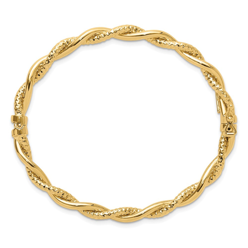 14K Yellow Gold Polished And Textured Twisted Hinged Bangle