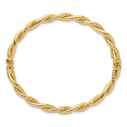 14K Yellow Gold Polished And Textured Twisted Hinged Bangle