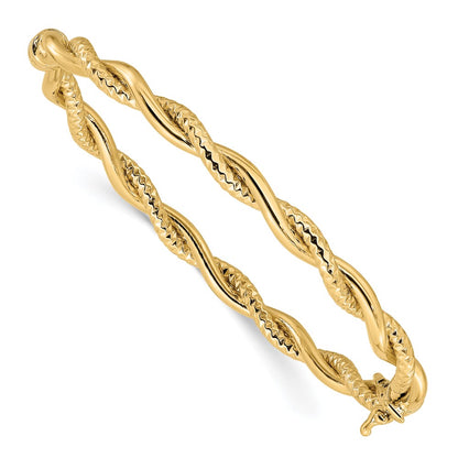 14K Yellow Gold Polished And Textured Twisted Hinged Bangle