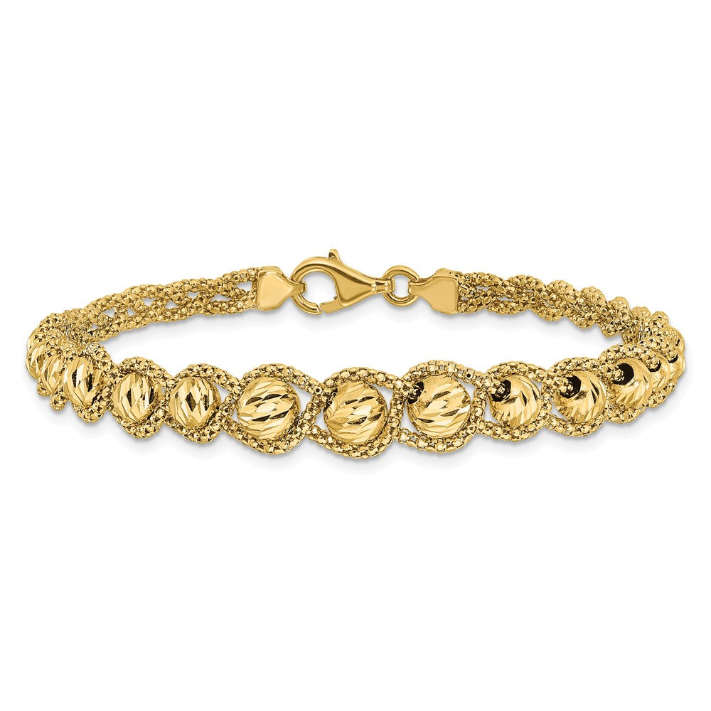 14K Yellow Gold Polished Textured And Diamond Cut Beaded Bracelet