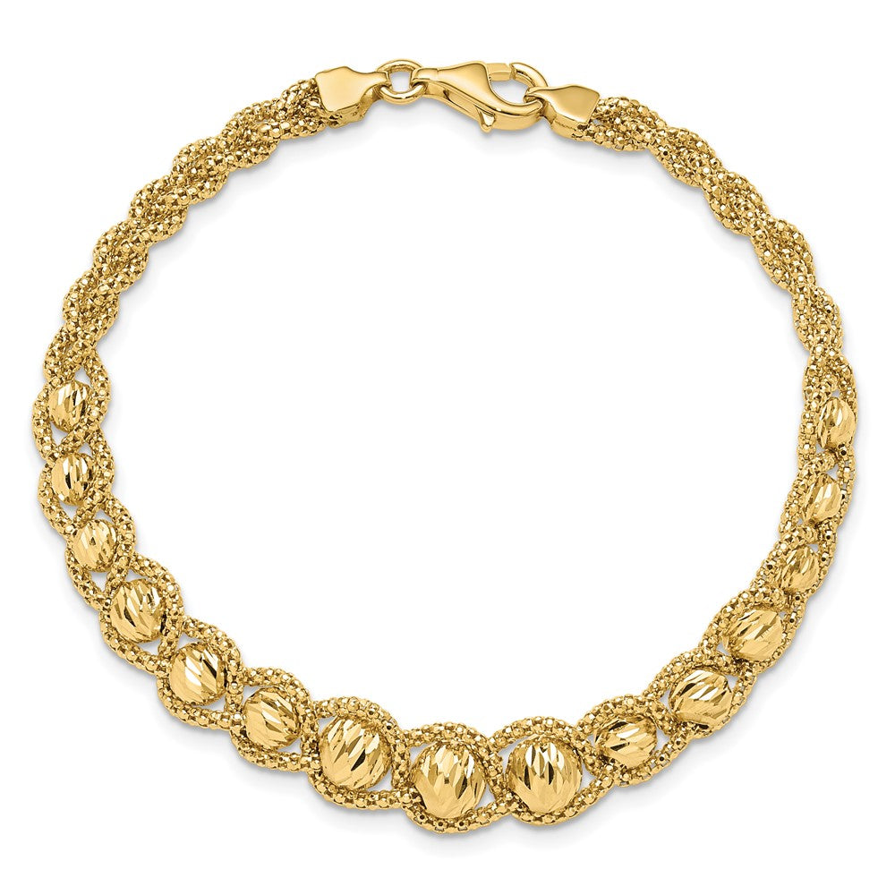 14K Yellow Gold Polished Textured And Diamond Cut Beaded Bracelet