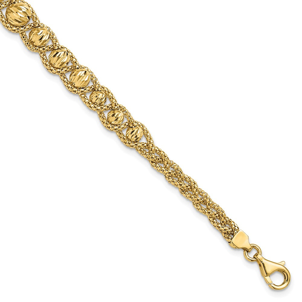 14K Yellow Gold Polished Textured And Diamond Cut Beaded Bracelet