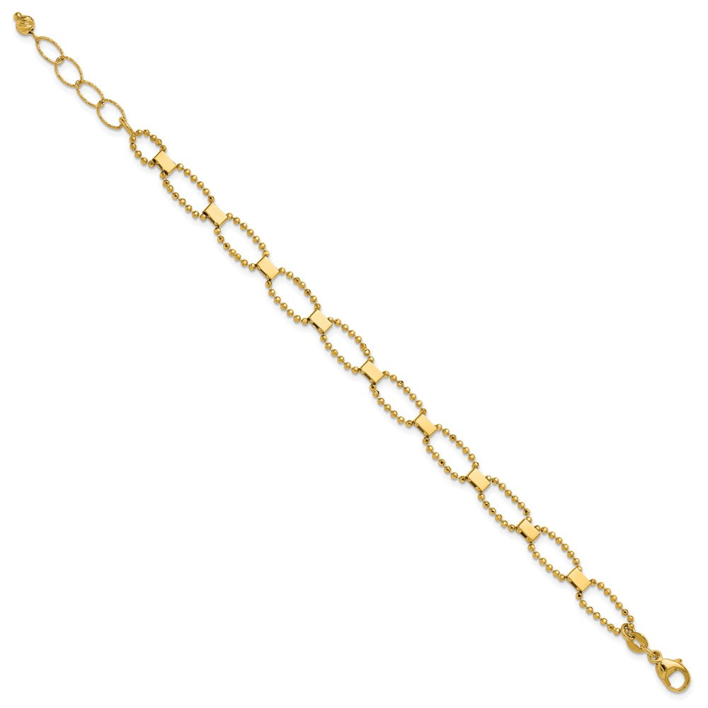 14K Yellow Gold Polished / Dia Cut Fancy Beaded Link W/ 1In Ext. Bracelet
