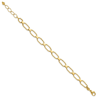 14K Yellow Gold Polished / Dia Cut Fancy Beaded Link W/ 1In Ext. Bracelet