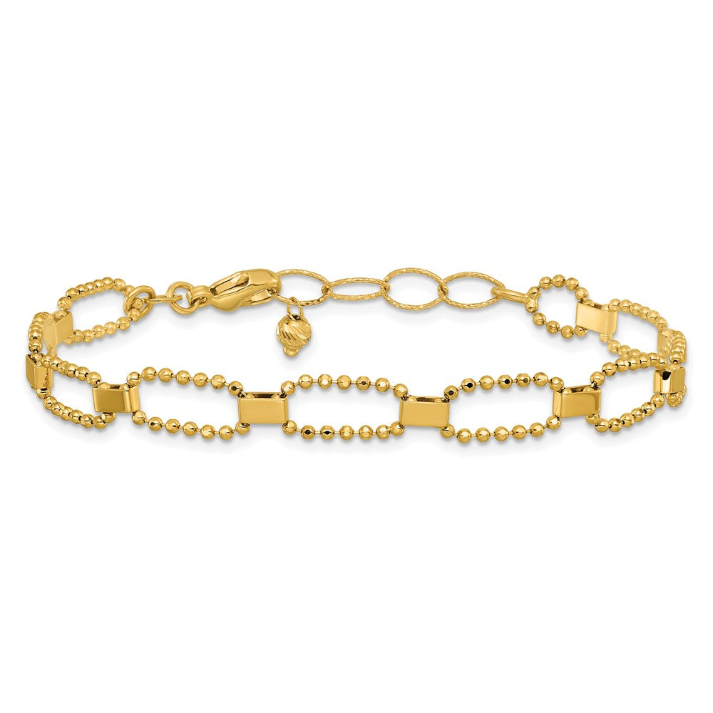 14K Yellow Gold Polished / Dia Cut Fancy Beaded Link W/ 1In Ext. Bracelet