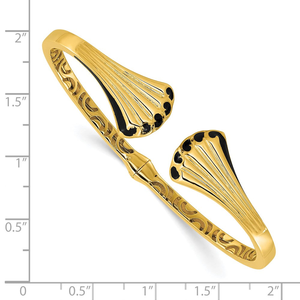 14K Yellow Gold Black Enamel Polished Fancy Hinged Cuff Bangle