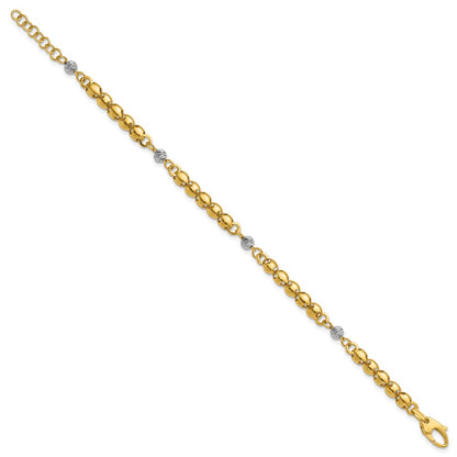 14K Yellow & Rhodium Polished D/C Beaded Oval Link 1In Ext. Bracelet