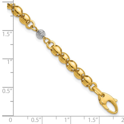 14K Yellow & Rhodium Polished D/C Beaded Oval Link 1In Ext. Bracelet