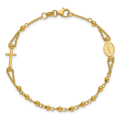 14K Yellow Gold Polished Diamond Cut / Beaded Religious Rosary Style Bracelet