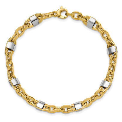 14K Yellow & Rhodium Wht Polished Fancy Oval Men'S Link Bracelet