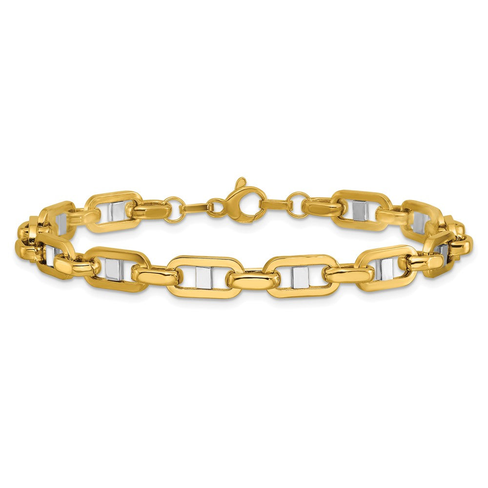14K Yellow & Rhodium Wht Rh Polished Fancy Flat Anchor Men'S Link Bracelet