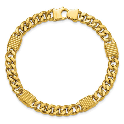 14K Yellow Gold Polished/Grooved Fancy Curb Link Station Men'S Bracelet