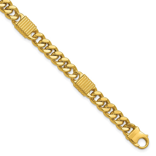 14K Yellow Gold Polished/Grooved Fancy Curb Link Station Men'S Bracelet