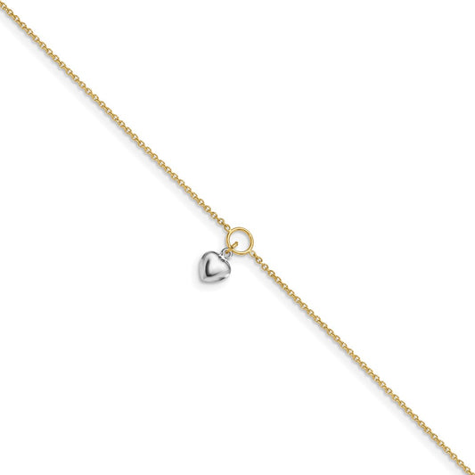 14K Two-Tone Polished Heart W/1In Ext. Anklet