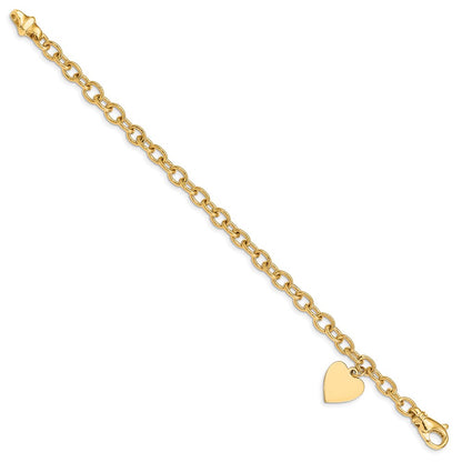 14K Yellow Gold Engravable 19X13mm Solid Dangle Heart Charm And Polished Link 8.5 Inch Bracelet