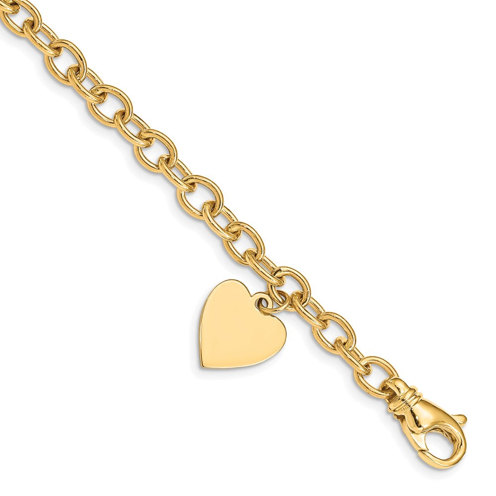 14K Yellow Gold Engravable 19X13mm Solid Dangle Heart Charm And Polished Link 8.5 Inch Bracelet