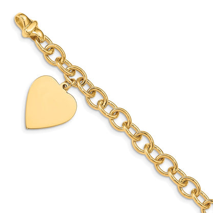 14K Yellow Gold Engravable 23X17mm Solid Dangle Heart Charm And Polished Link 8.5 Inch Bracelet
