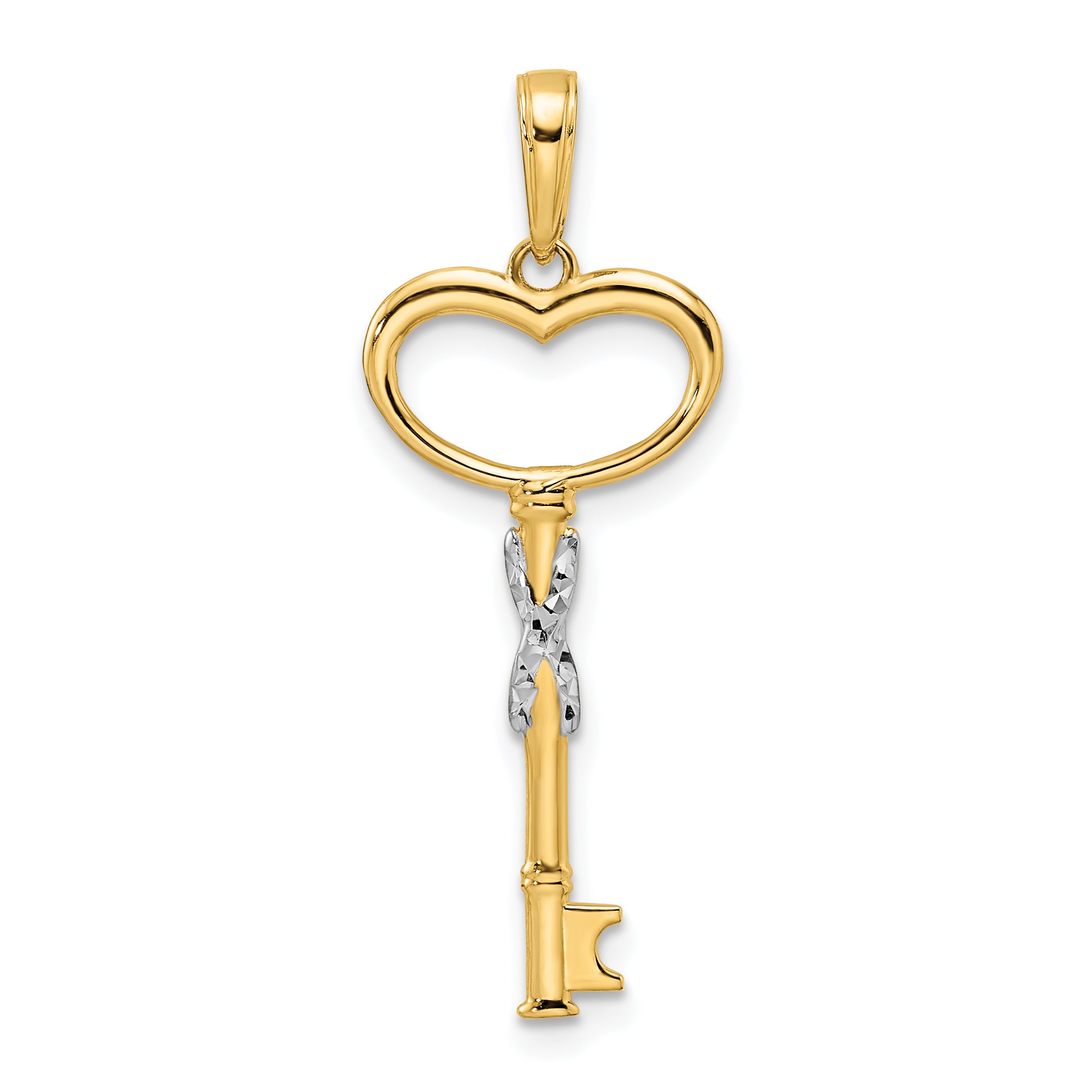 14K Yellow & Rhodium And White Diamiond-Cut Heart Key Pendant