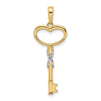 14K Yellow & Rhodium And White Diamiond-Cut Heart Key Pendant