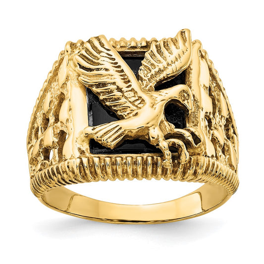 14K Yellow Gold Men's Onyx Eagle Ring