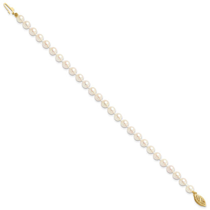 14K Yellow Gold 5 6mm White Round Akoya Saltwater Cultured Pearl 7 Inch Bracelet