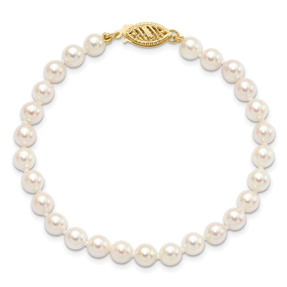 14K Yellow Gold 5 6mm White Round Akoya Saltwater Cultured Pearl 7 Inch Bracelet