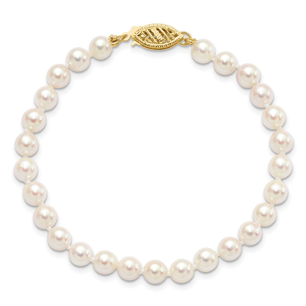 14K Yellow Gold 5 6mm White Round Akoya Saltwater Cultured Pearl 7 Inch Bracelet