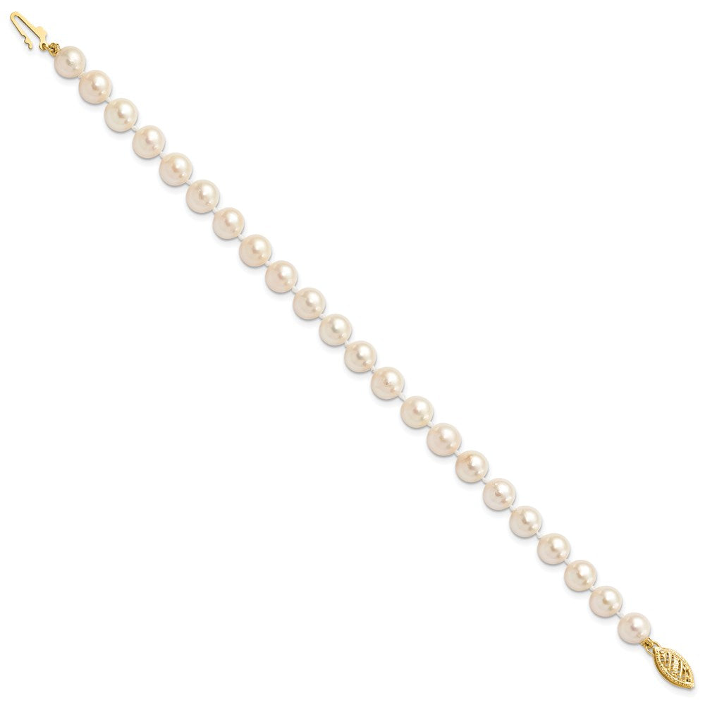 14K Yellow Gold 6 7mm White Round Akoya Saltwater Cultured Pearl 7 Inch Bracelet