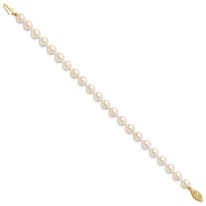 14K Yellow Gold 6 7mm White Round Akoya Saltwater Cultured Pearl 7 Inch Bracelet