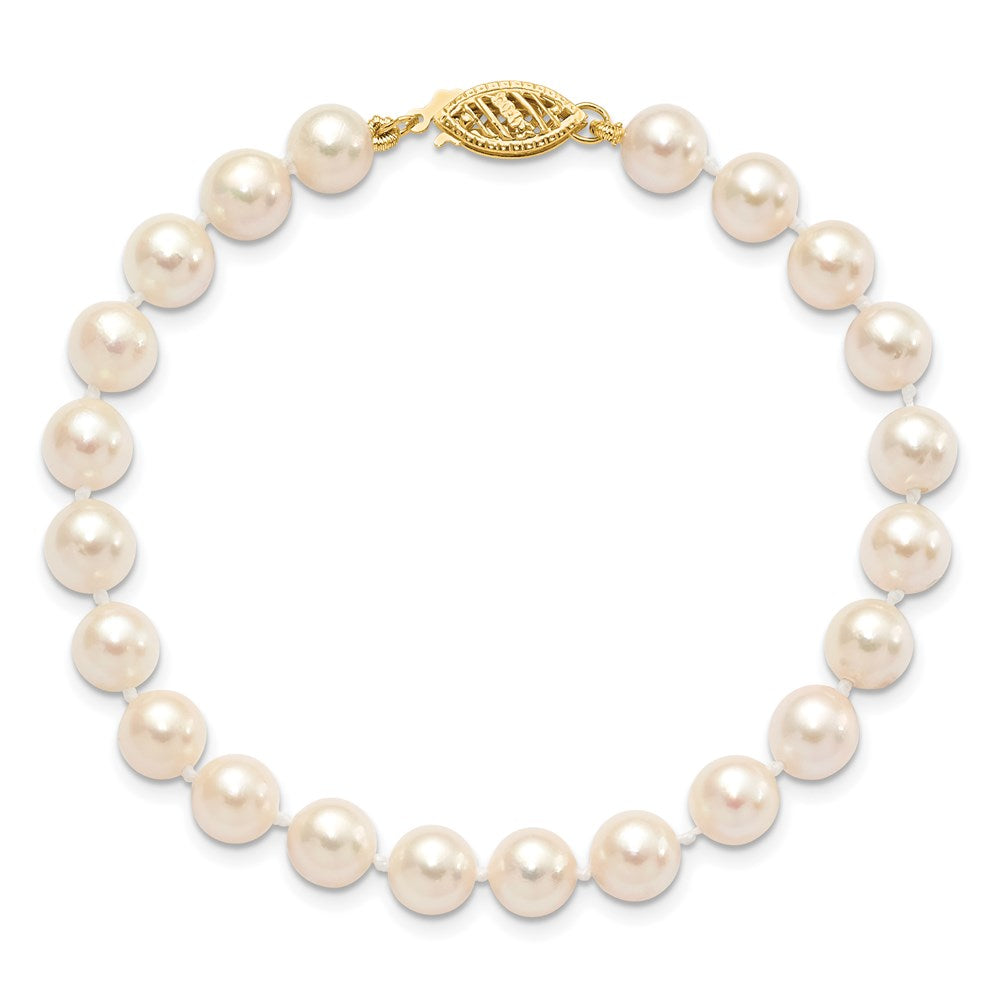 14K Yellow Gold 6 7mm White Round Akoya Saltwater Cultured Pearl 7 Inch Bracelet
