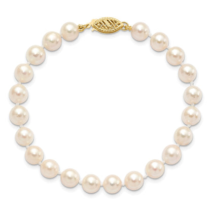 14K Yellow Gold 6 7mm White Round Akoya Saltwater Cultured Pearl 7 Inch Bracelet
