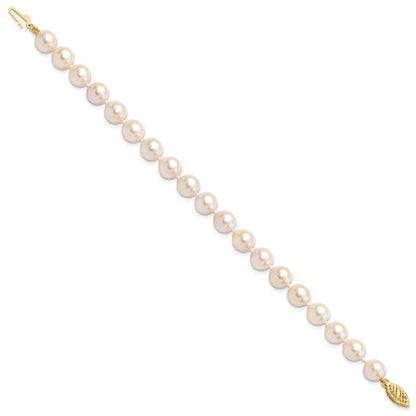 14K Yellow Gold 7 8mm White Round Akoya Saltwater Cultured Pearl Inch Bracelet