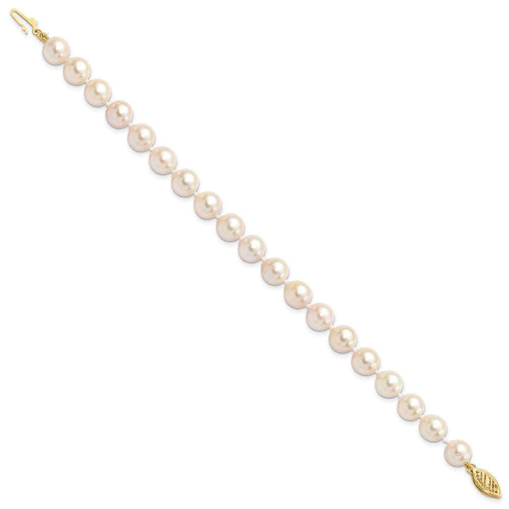 14K Yellow Gold 7 8mm White Round Akoya Saltwater Cultured Pearl Inch Bracelet
