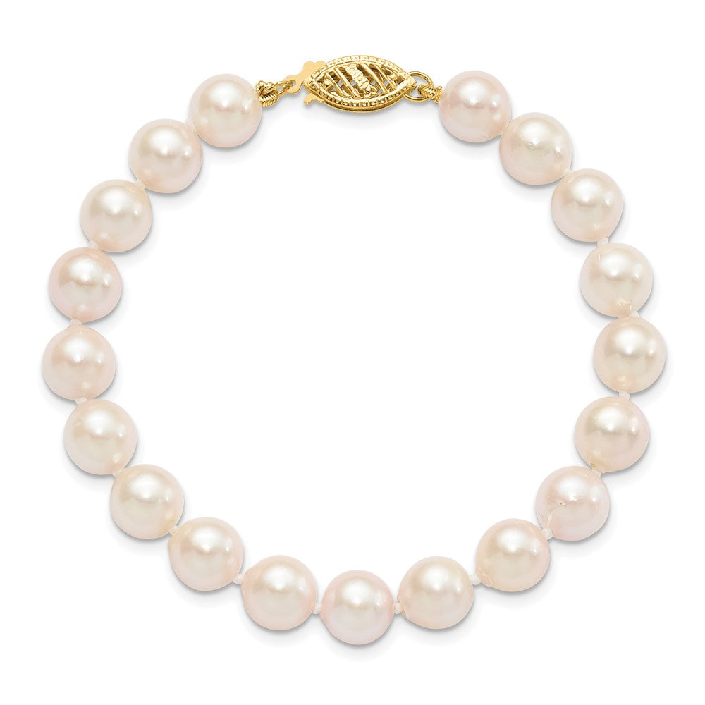 14K Yellow Gold 7 8mm White Round Akoya Saltwater Cultured Pearl Inch Bracelet