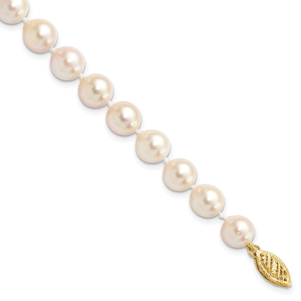 14K Yellow Gold 7 8mm White Round Akoya Saltwater Cultured Pearl Inch Bracelet