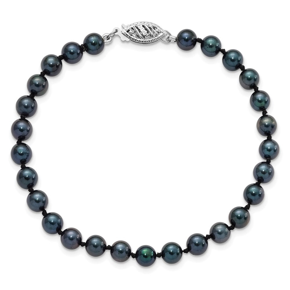 14K White Gold 5 6mm Black Round Akoya Saltwater Cultured Pearl 7 Inch Bracelet