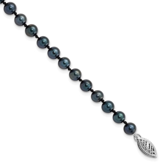 14K White Gold 5 6mm Black Round Akoya Saltwater Cultured Pearl 7 Inch Bracelet