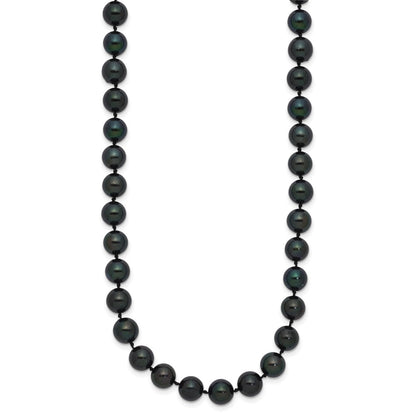 14K White Gold 7 8mm Black Round Akoya Saltwater Cultured Pearl 20 Inch Necklace