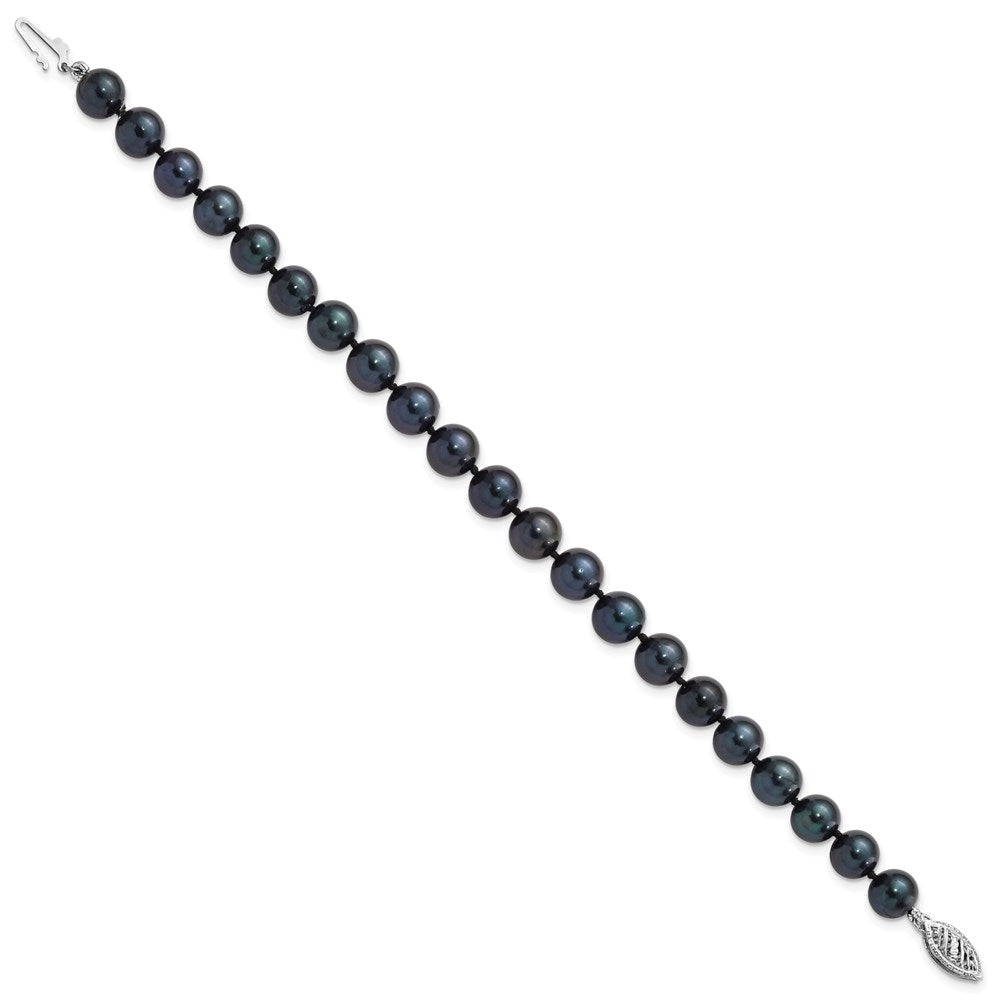 14K White Gold 7 8mm Black Round Akoya Saltwater Cultured Pearl Inch Bracelet