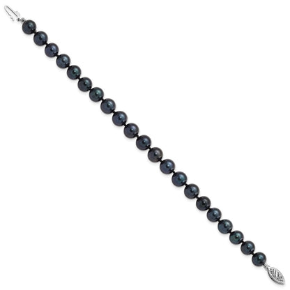 14K White Gold 7 8mm Black Round Akoya Saltwater Cultured Pearl Inch Bracelet