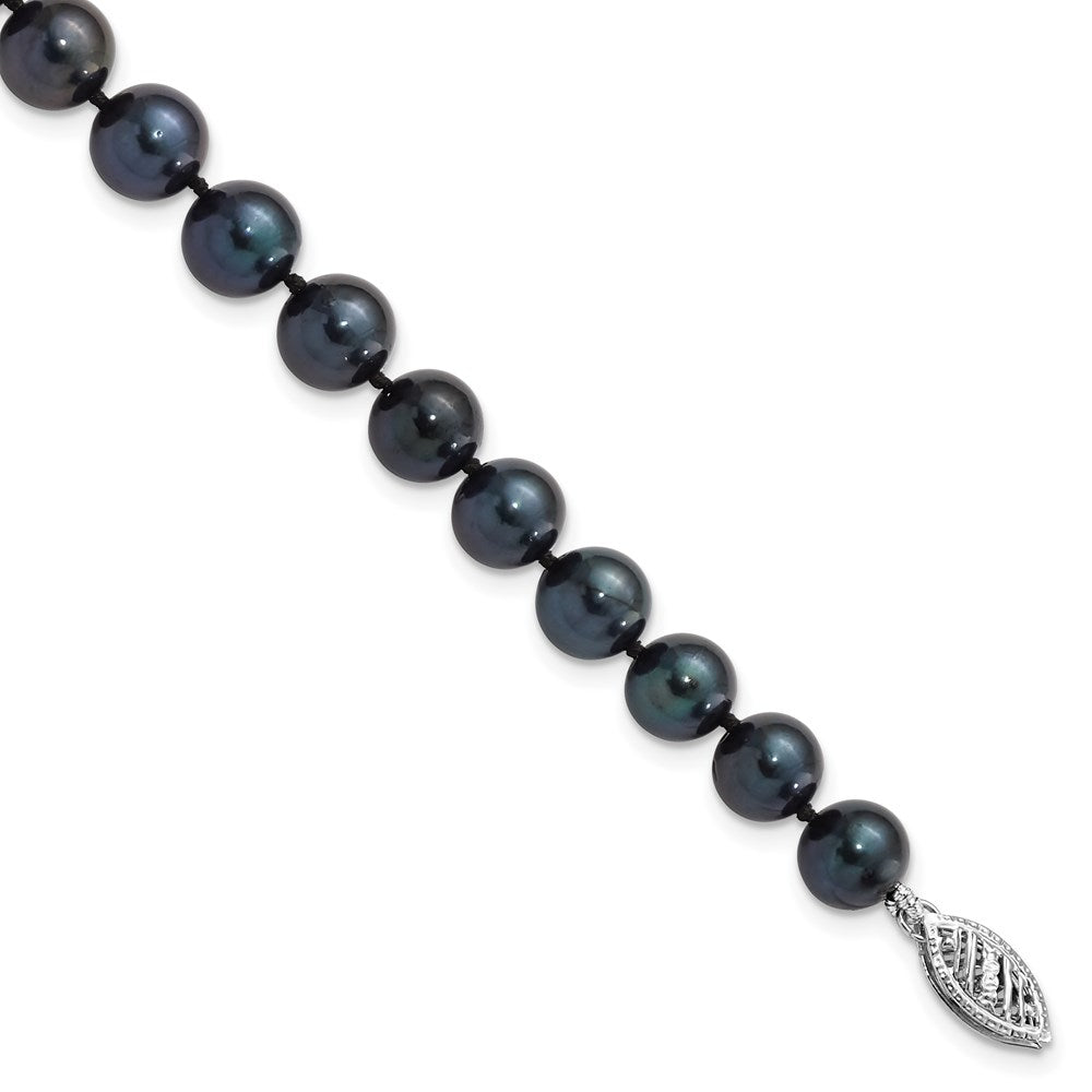 14K White Gold 7 8mm Black Round Akoya Saltwater Cultured Pearl Inch Bracelet