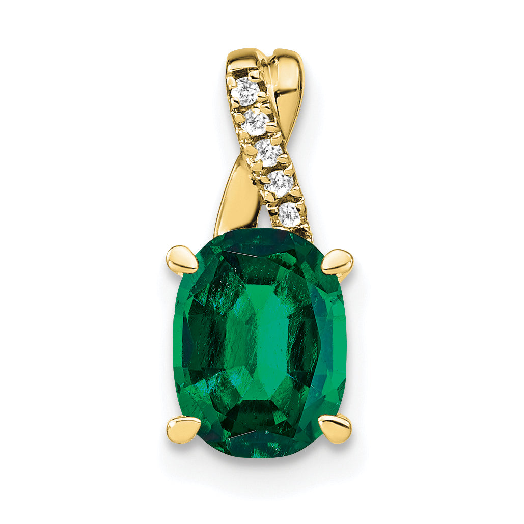 10K Yellow Gold Oval Created Emerald And Diamond Pendant